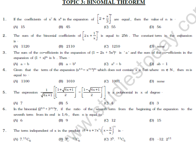 JEE Mathematics Binomial Theorem MCQs Set B, Multiple Choice Questions